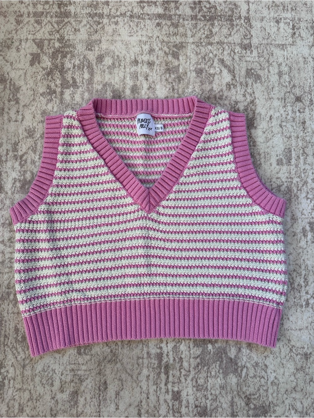 Princess Polly Pink and Cream Striped V-Neck Sweater Vest